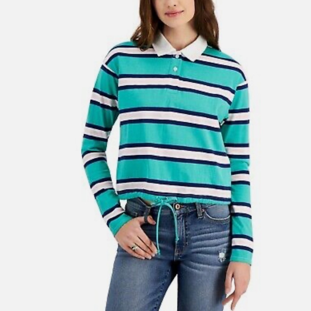 Crave Fame | Jade, Blue & White Stripe Juniors' Tie-Hem Polo Shirt